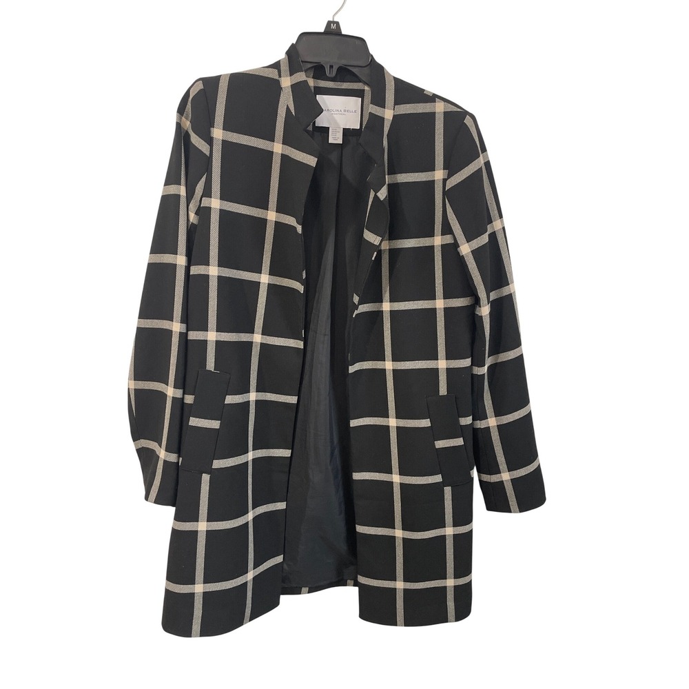 Carolina Belle Montreal Women's Plaid Long Blazer Jacket Black Beige XS Acadamia